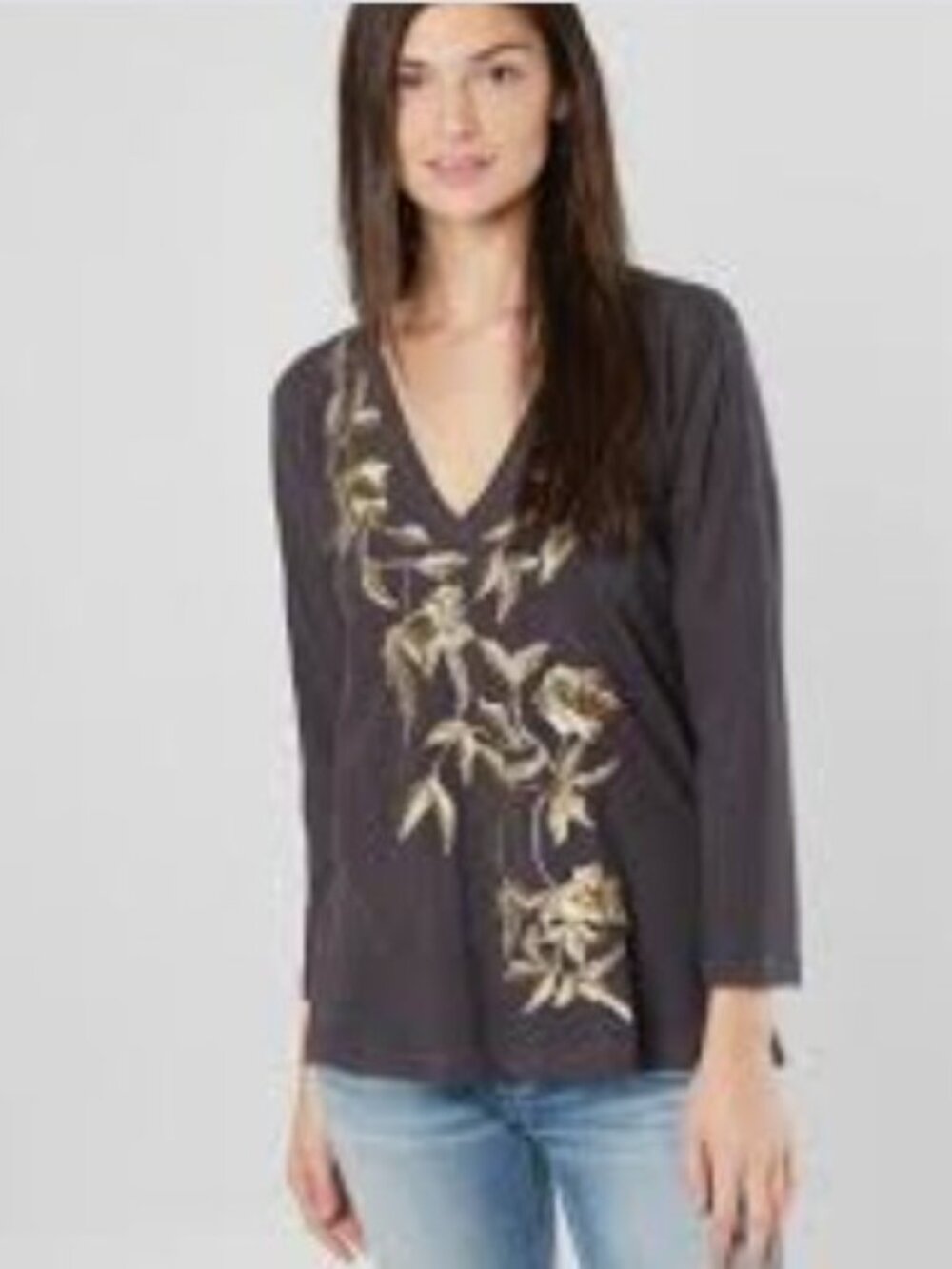 Lucky Brand Metallic Floral Embroidered V-Neck Top Large